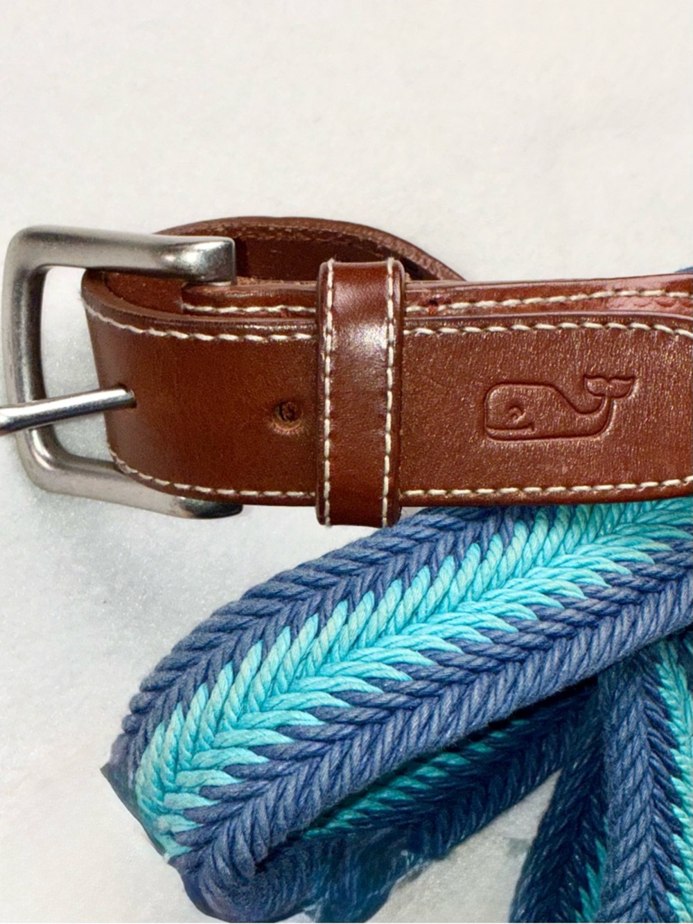 Vineyard Vines Braided Woven Belt Blue Aqua Brown Leather Silver Buckle 32